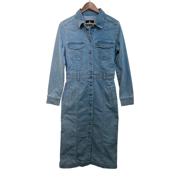7 For All Mankind Luxe Denim Midi Dress Women L NWOT Snap Front Blue‎ Western - Picture 3 of 13